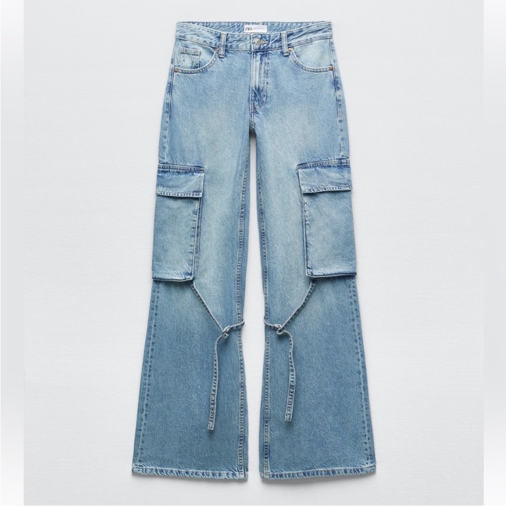NWT Zara TRF Belt Loop Cargo Jeans Denim 8197/034 in Light Blue 2